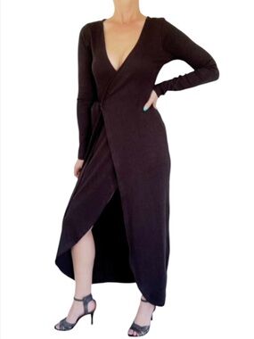 Nasty Gal black ribbed knit long sleeve midi length v-neck wrap dress size 2